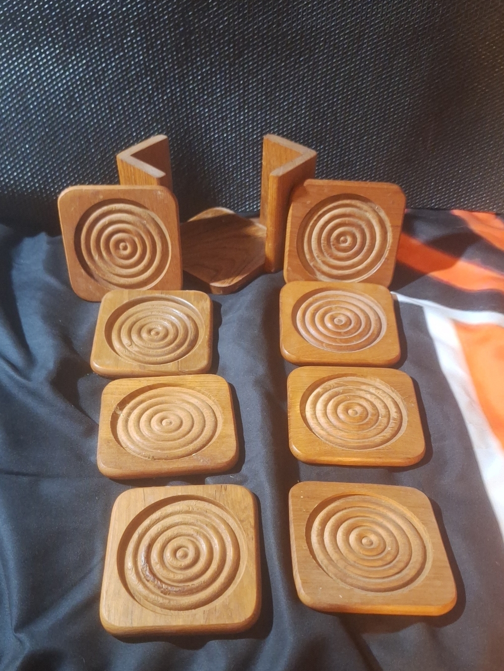 MCM Vintage Dolphin Genuine Teakwood Coasters Set  of 8 with Caddy Holder